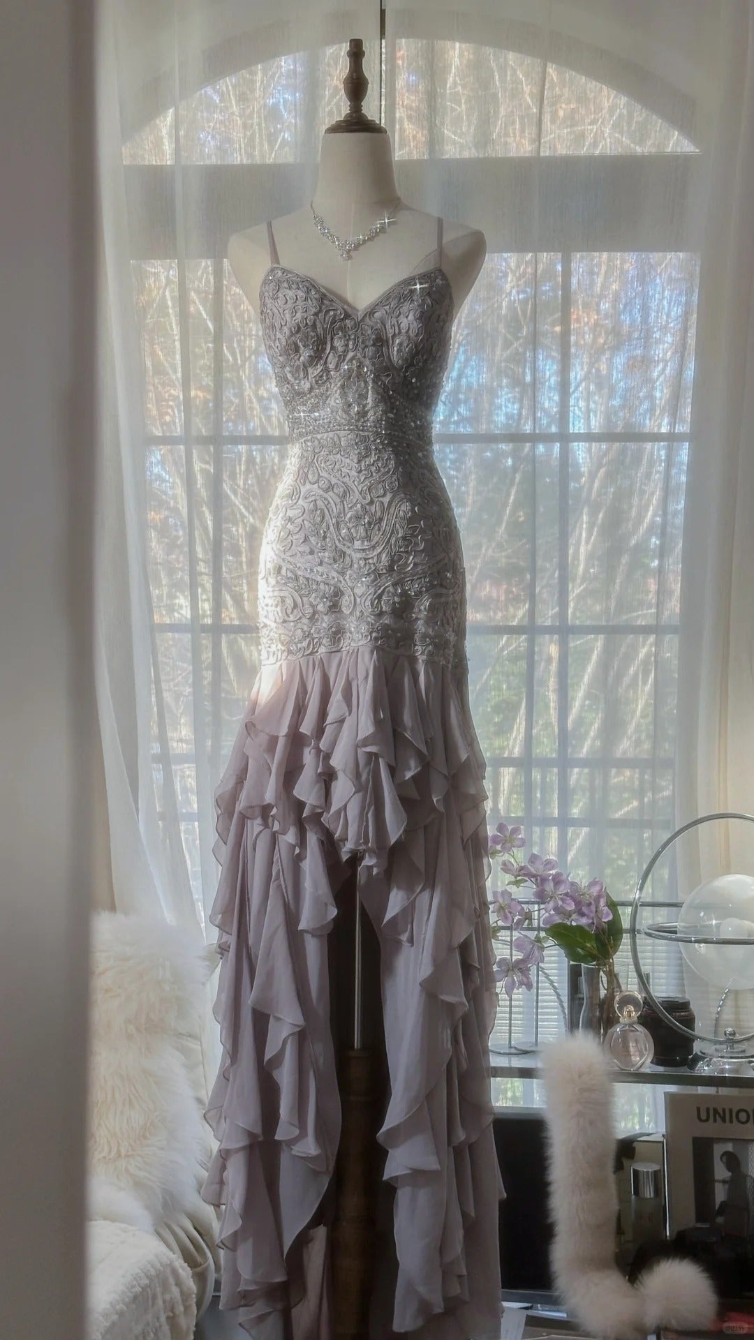 Charming Purple Beaded Short Front And Long Back Ruffled Chiffon Skirt Prom Dress