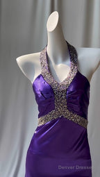 Charming Purple Halter Satin Sheath Beaded Sequins Backless Prom Dress Temperament Evening Dress