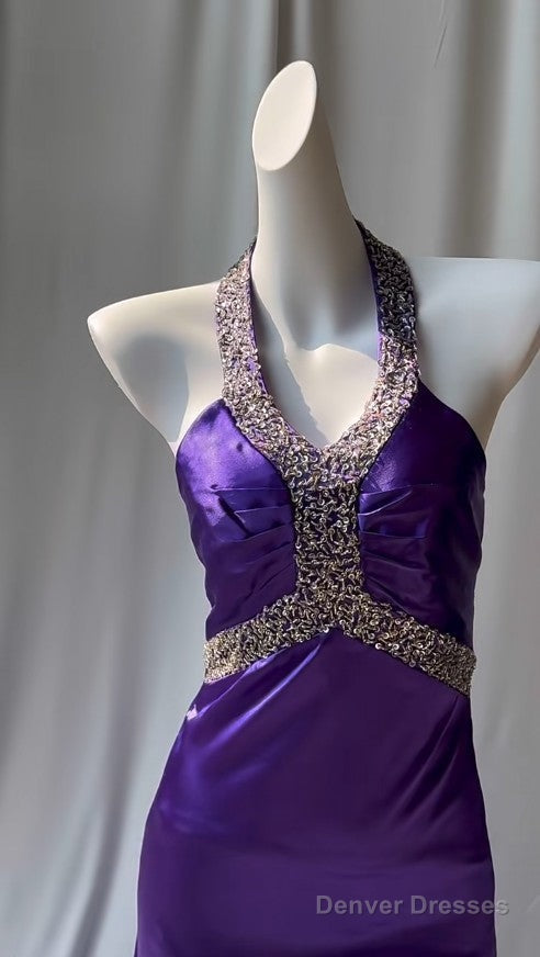 Charming Purple Halter Satin Sheath Beaded Sequins Backless Prom Dress Temperament Evening Dress