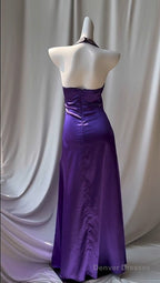 Charming Purple Halter Satin Sheath Beaded Sequins Backless Prom Dress Temperament Evening Dress