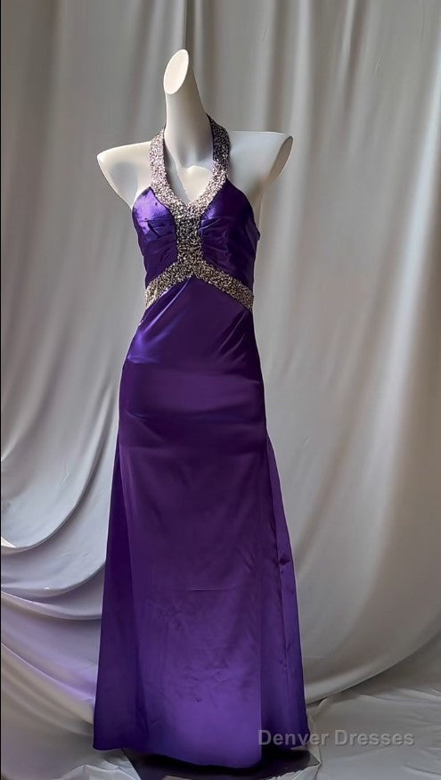 Charming Purple Halter Satin Sheath Beaded Sequins Backless Prom Dress Temperament Evening Dress