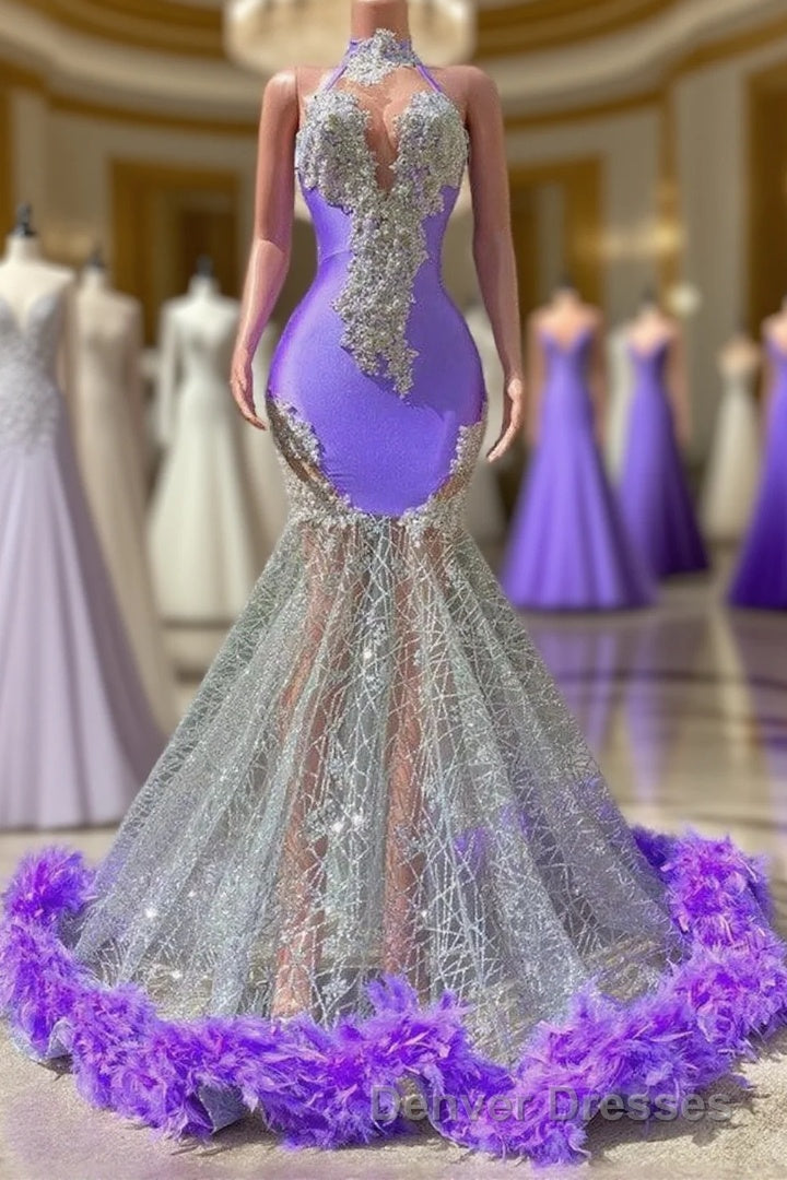 Charming Purple Long Mermaid Halter Satin Tulle Prom Dress Main image
