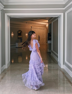 Lilac Long Prom Dress Layed Lace Evening Dress