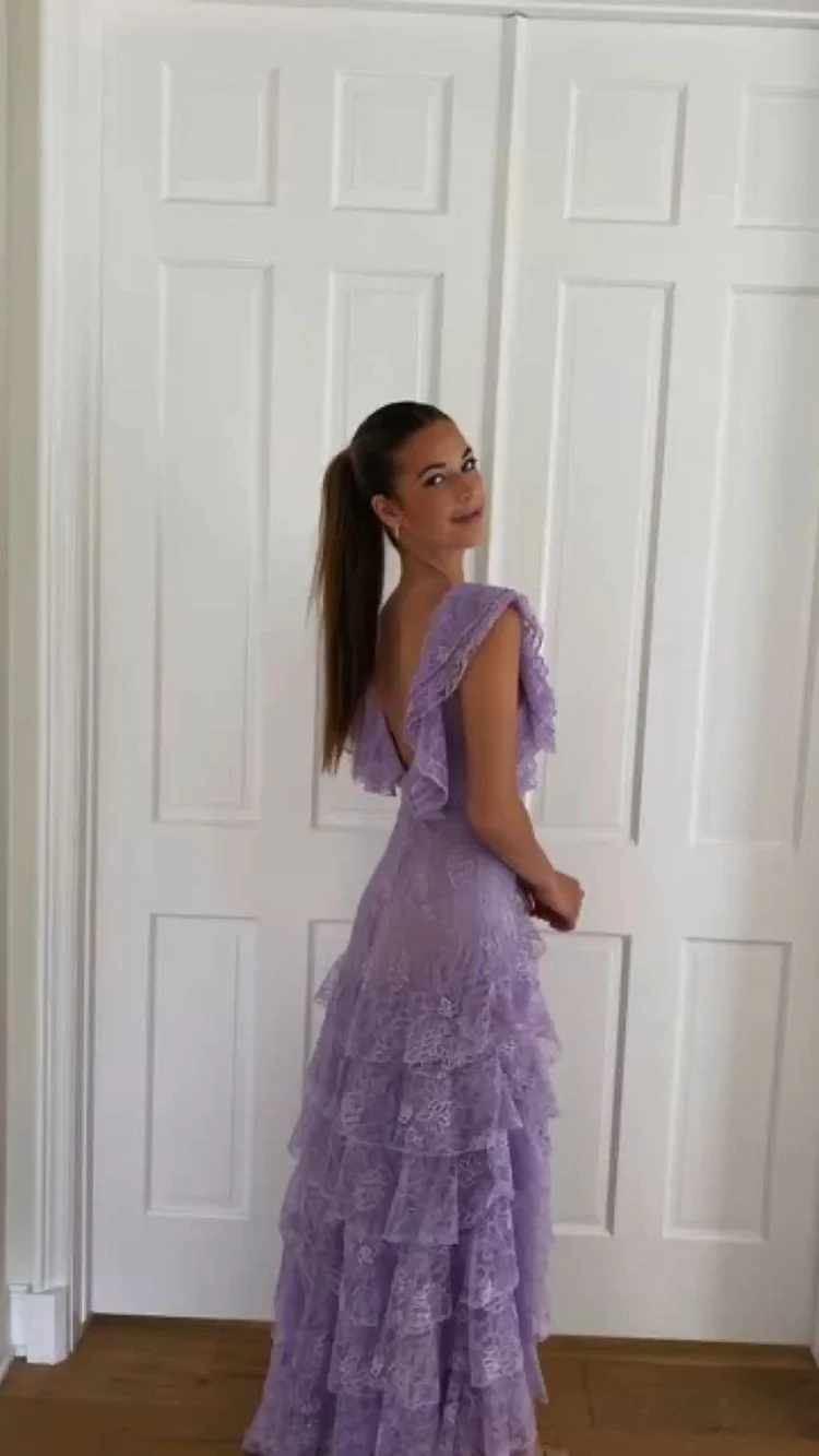 Lilac Long Prom Dress Layed Lace Evening Dress Main image