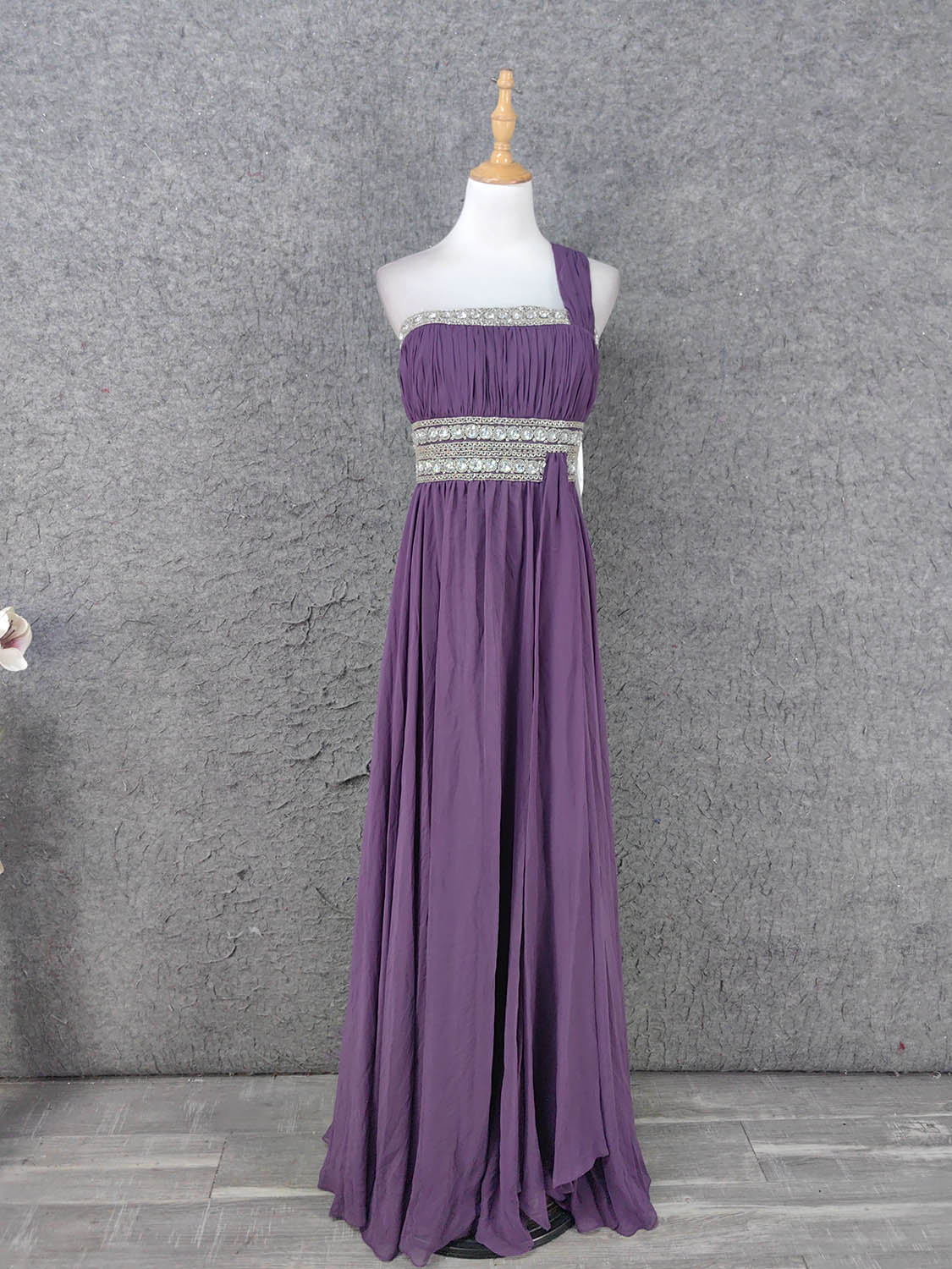 Charming Purple One-Shoulder Square Neck Rhinestone Beaded Chiffon Long Prom Dress Evening Dress Main image