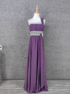 Charming Purple One-Shoulder Square Neck Rhinestone Beaded Chiffon Long Prom Dress Evening Dress