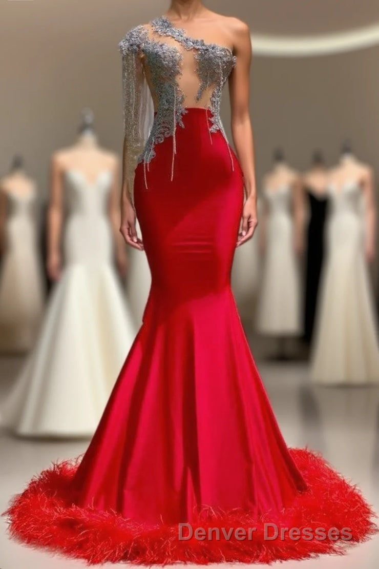 Charming Red Long Mermaid Tassel One Shoulder Satin Backless Prom Dress