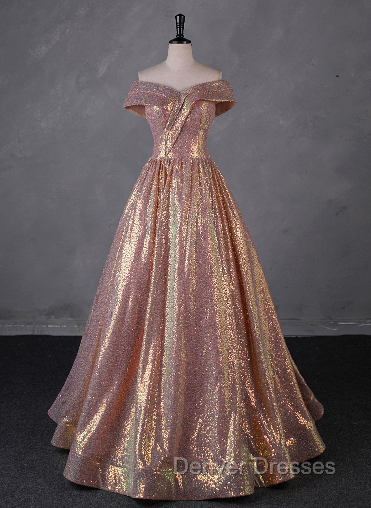 Charming Rose Gold Sequins Long Party Dress, Off Shoulder Sequins Prom Dress Secondary image