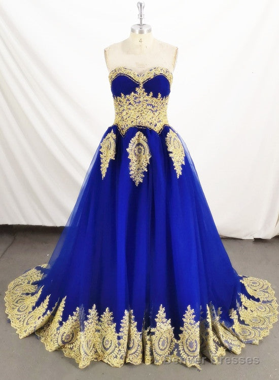 Charming Royal Blue Tulle Party Dress With Gold Lace Applique, Prom Dress Main image