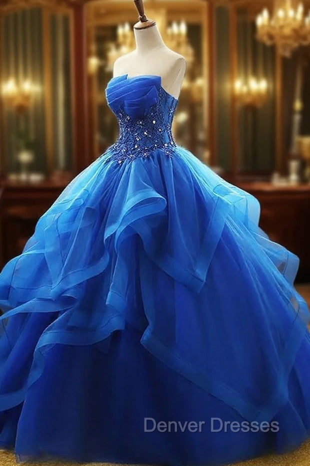 Charming Royal Blue Tulle Prom Gown , Sweet Party Dress