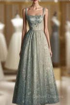 Charming Sage Green Long Tulle Lace Prom Dress A Line Party Evening Dress