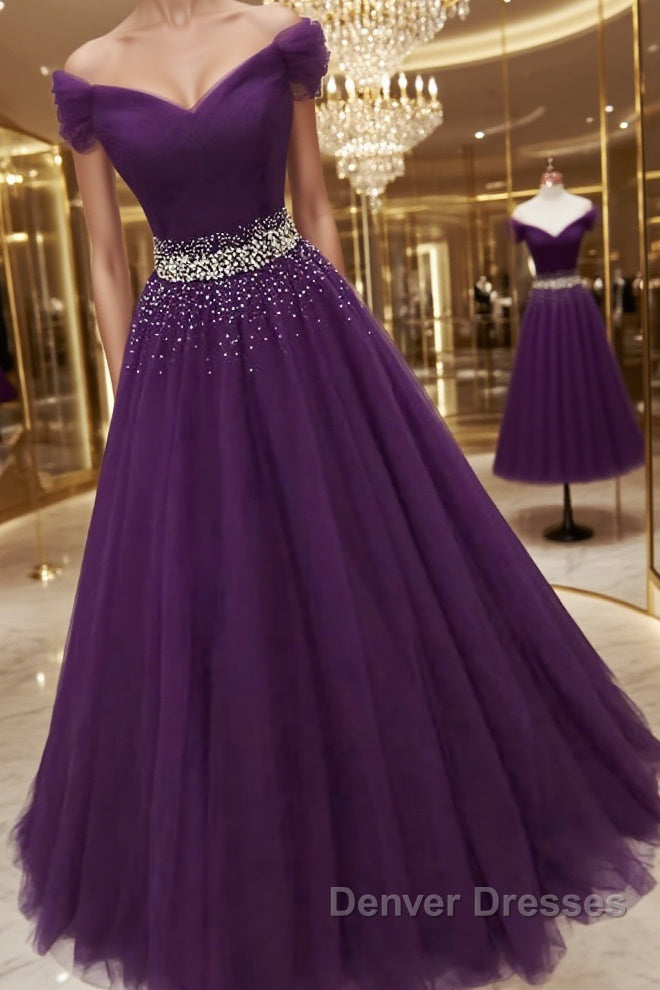 Charming Sequins Off Shoulder Dark Purple Long Prom Dress, Off the Shoulder Dark Purple Formal Evening Dress Main image