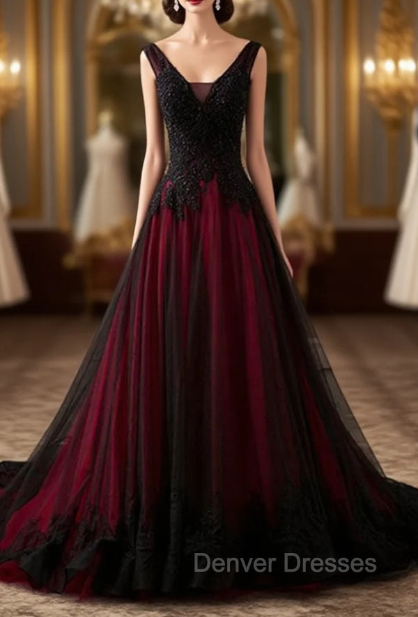 Charming Sleeveless Black and Red Lace Appliques Beaded Party Dress, Low Back Prom Dress Secondary image