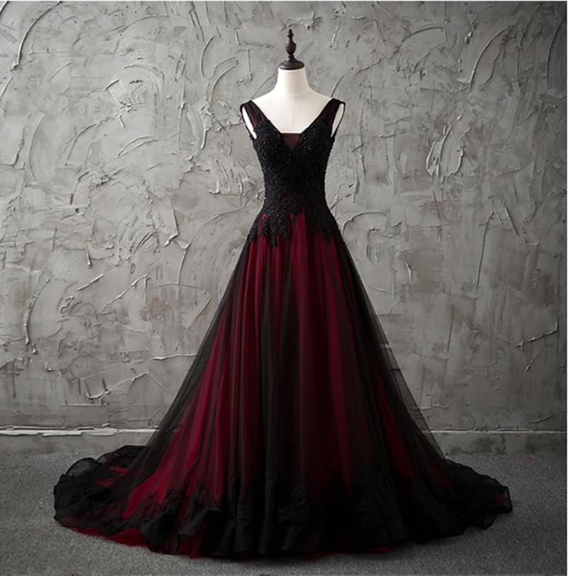 Charming Sleeveless Black And Red Lace Appliques Beaded Party Dress, Low Back Prom Dress