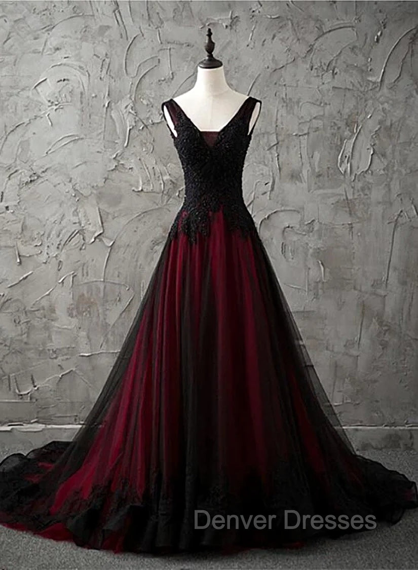 Charming Sleeveless Black and Red Lace Appliques Beaded Party Dress, Low Back Prom Dress