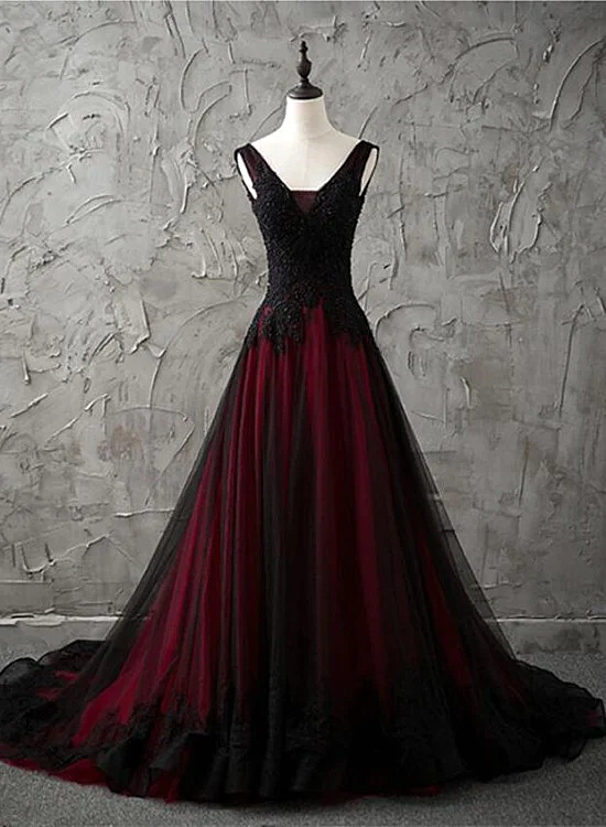 Charming Sleeveless Black And Red Lace Appliques Beaded Party Dress, Low Back Prom Dress