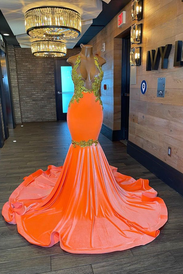 Charming Sleeveless Halter Backless Mermaid Prom Dress With Gold Beading