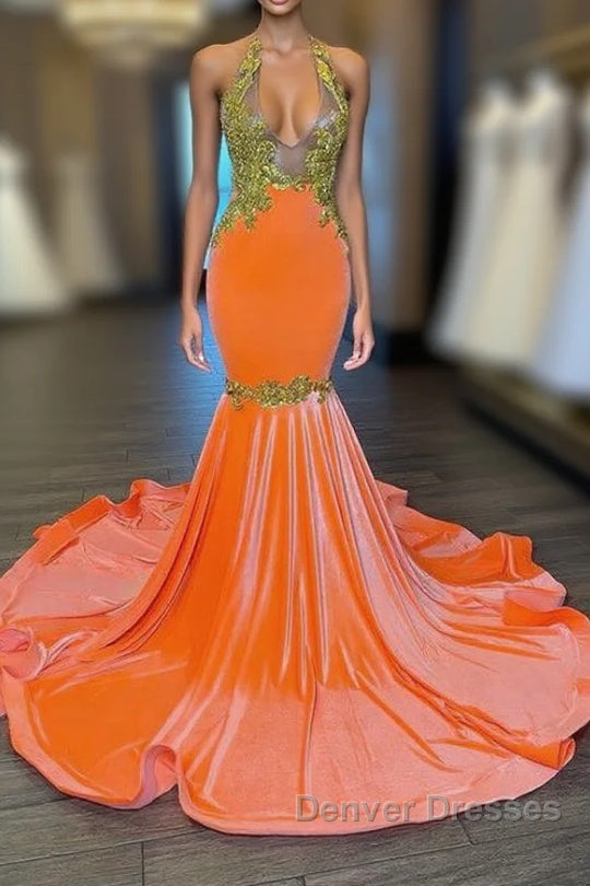 Charming Sleeveless Halter Backless Mermaid Prom Dress With Gold Beading