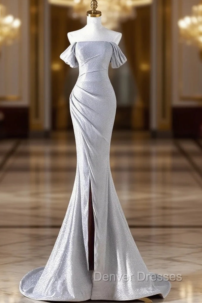 Charming Sliver Mermaid Party Dress, Sliver Off Shoulder Long Prom Dress With Leg Slit