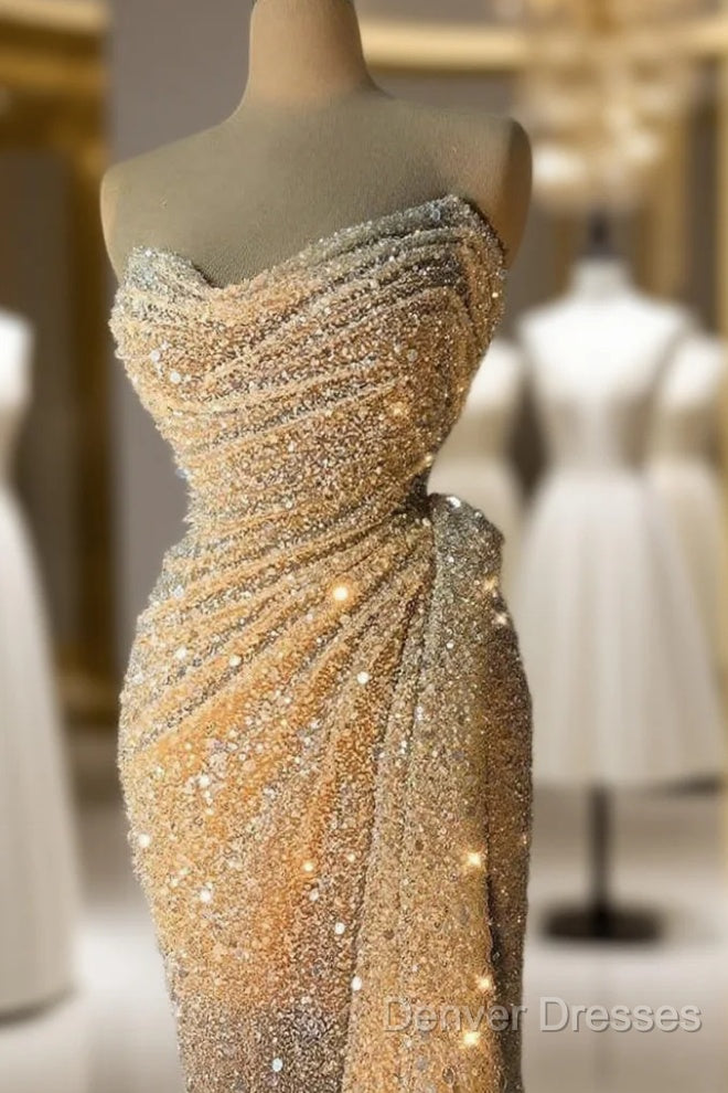 Charming Strapless V-Neck Crystal Sequins Draped Mermaid Prom Dress