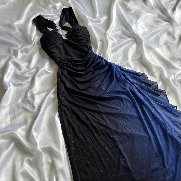 Charming Straps Navy Blue Ombre Long Backless Prom Dress Evening Dress