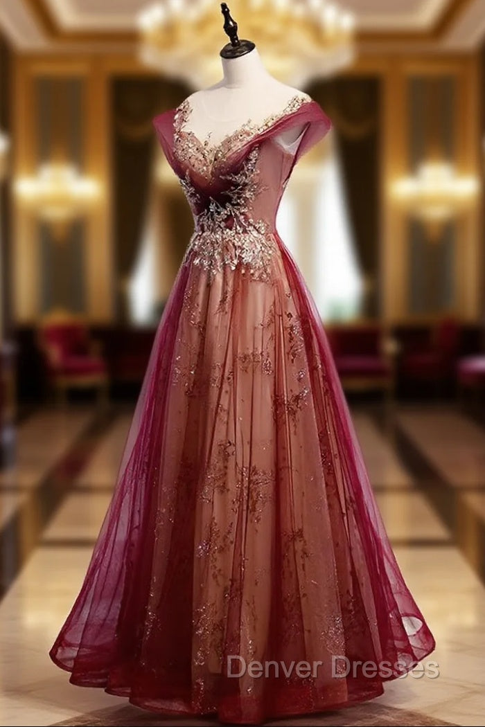 Charming Tulle Cap Sleeves Long New Party Gown, Prom Dress