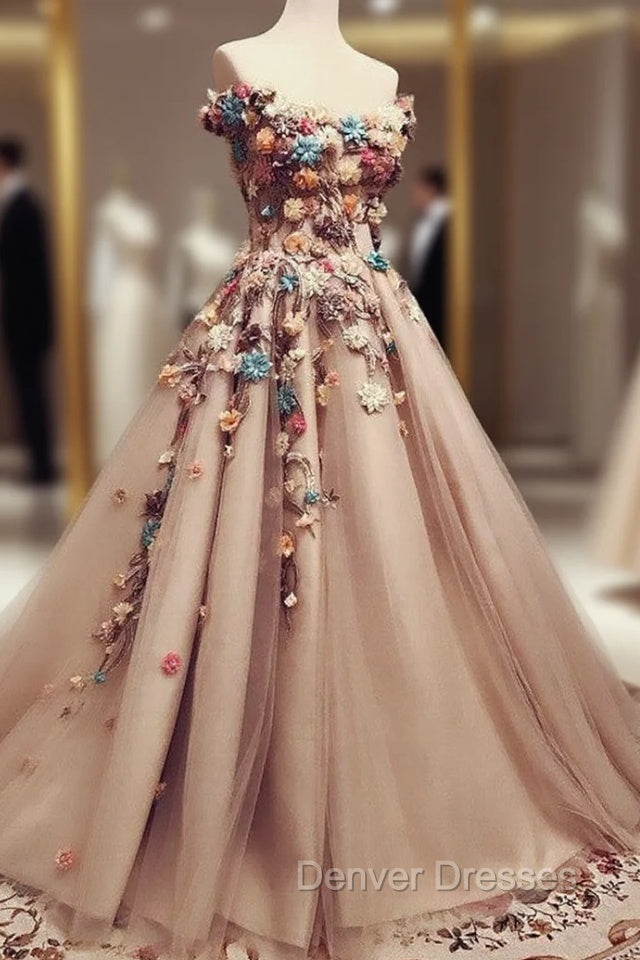 Charming Tulle Evening Dress 3D Flowers Embroidery Prom Gowns Main image