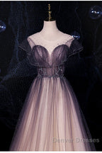 Charming Tulle Gradient Cap Sleeves Long Party Dress, A-Line Evening Gown