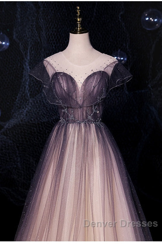 Charming Tulle Gradient Cap Sleeves Long Party Dress, A-Line Evening Gown