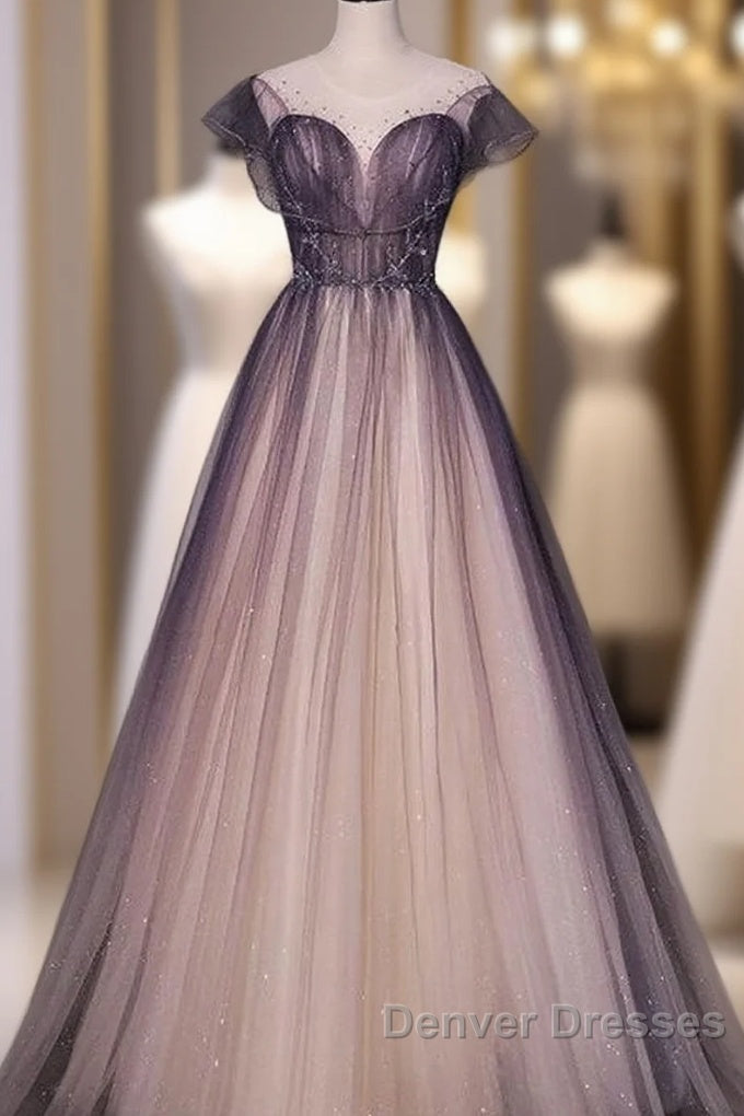 Charming Tulle Gradient Cap Sleeves Long Party Dress, A-Line Evening Gown Main image
