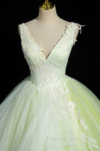 Charming Tulle Lace Green Prom Dress, V-Neck Sleeveless Floor-Length Formal Evening Dress