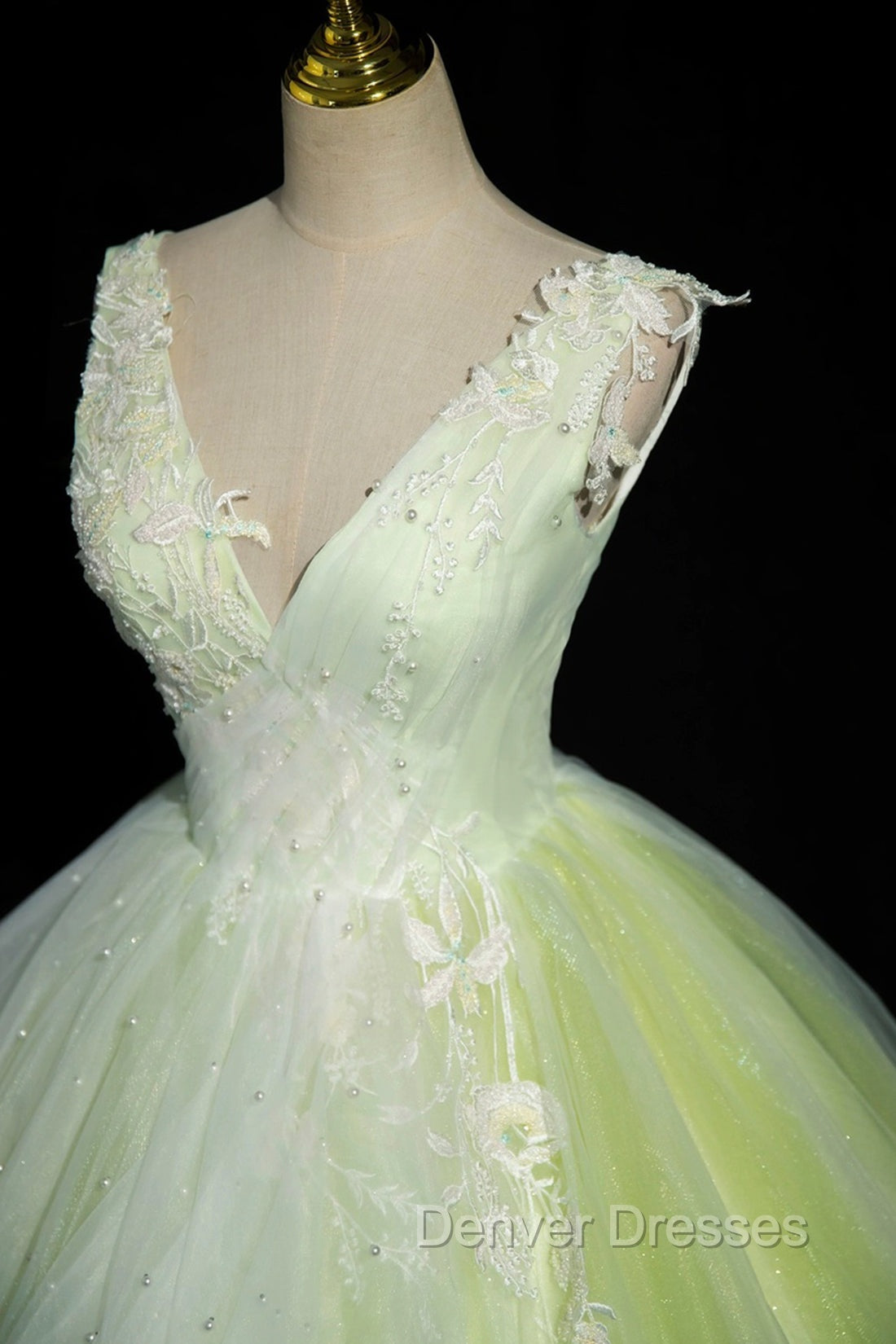 Charming Tulle Lace Green Prom Dress, V-Neck Sleeveless Floor-Length Formal Evening Dress