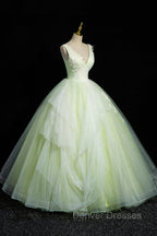 Charming Tulle Lace Green Prom Dress, V-Neck Sleeveless Floor-Length Formal Evening Dress
