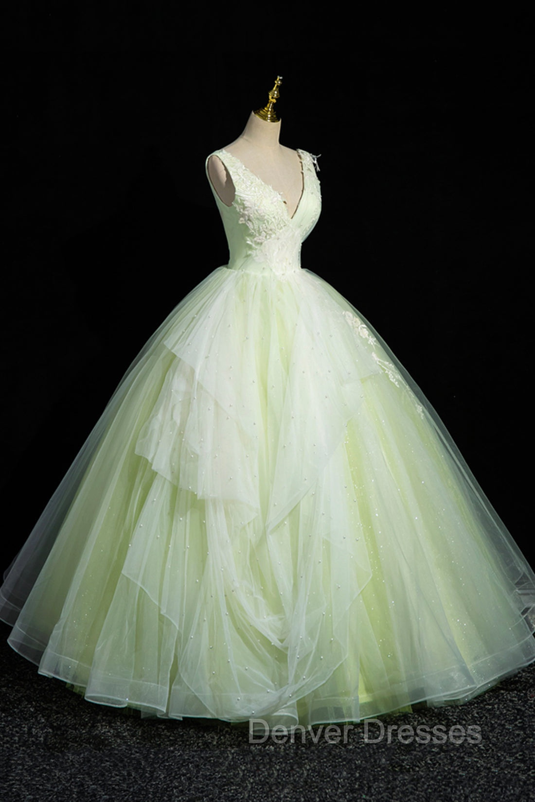 Charming Tulle Lace Green Prom Dress, V-Neck Sleeveless Floor-Length Formal Evening Dress