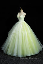 Charming Tulle Lace Green Prom Dress, V-Neck Sleeveless Floor-Length Formal Evening Dress