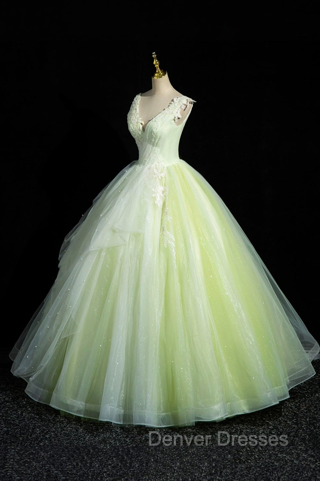 Charming Tulle Lace Green Prom Dress, V-Neck Sleeveless Floor-Length Formal Evening Dress