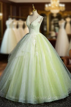 Charming Tulle Lace Green Prom Dress, V-Neck Sleeveless Floor-Length Formal Evening Dress