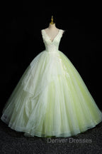Charming Tulle Lace Green Prom Dress, V-Neck Sleeveless Floor-Length Formal Evening Dress