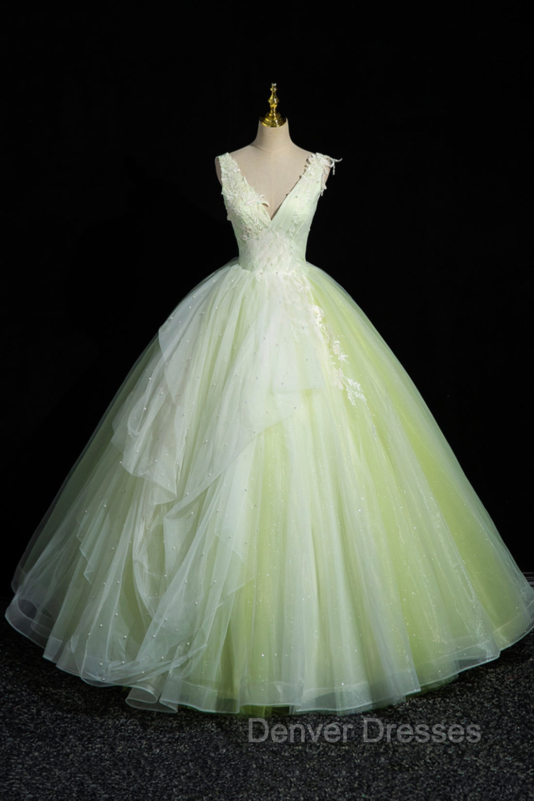 Charming Tulle Lace Green Prom Dress, V-Neck Sleeveless Floor-Length Formal Evening Dress