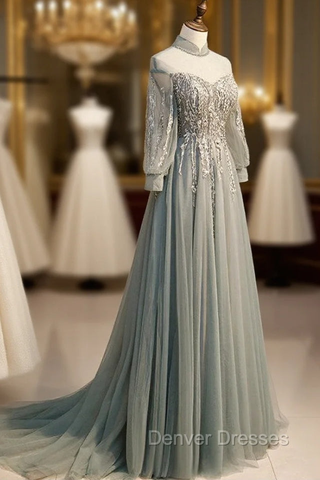 Charming Tulle Long Sleeves Beaded and Lace Long Party Dress, A-line Tulle Formal Gown