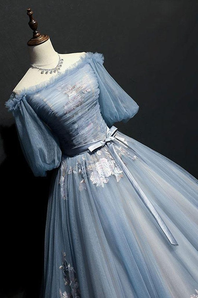 Charming Tulle Puffy Sleeves Long Formal Gown, Prom Dress Secondary image