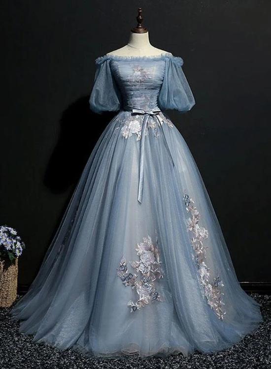 Charming Tulle Puffy Sleeves Long Formal Gown, Prom Dress Main image