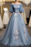 Charming Tulle Puffy Sleeves Long Formal Gown, Prom Dress