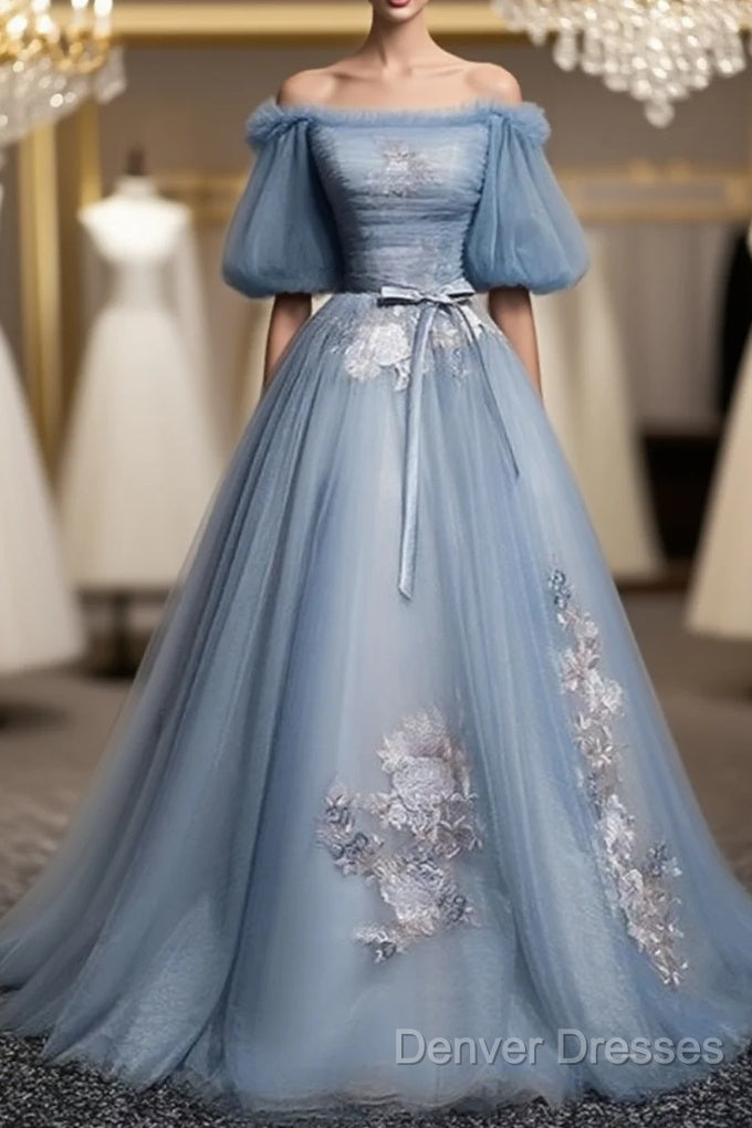 Charming Tulle Puffy Sleeves Long Formal Gown, Prom Dress Main image