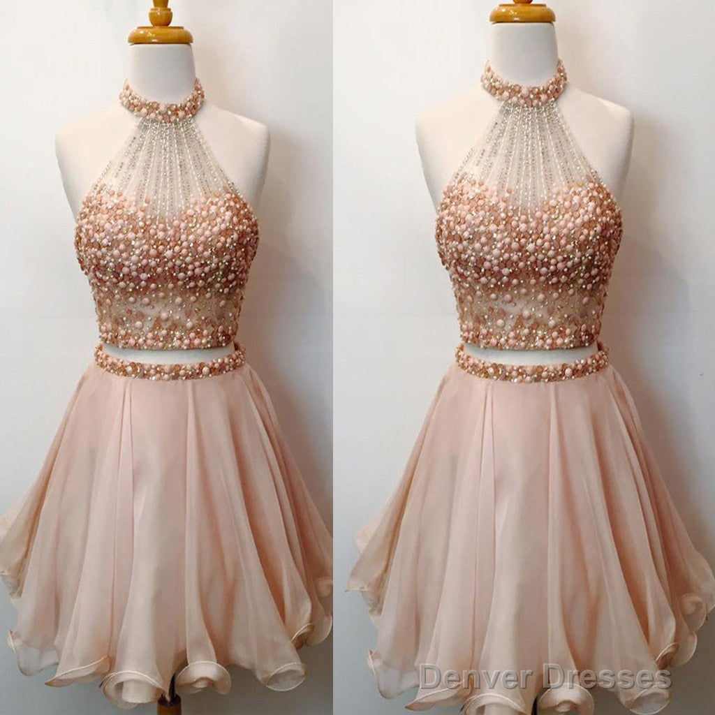 Charming Two Pieces Bare-Midriff Rhinestones Sparkly Halter Pink Cute Homecoming Dresses Main image