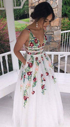 Charming V Neck A Line Prom Dress With Embroidery, Open Back Evening Dress
