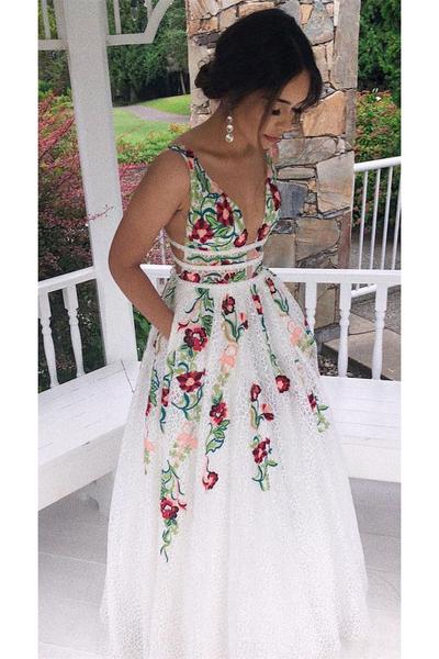 Charming V Neck A Line Prom Dress With Embroidery, Open Back Evening Dress