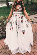 Charming V Neck A Line Prom Dress With Embroidery, Open Back Evening Dress