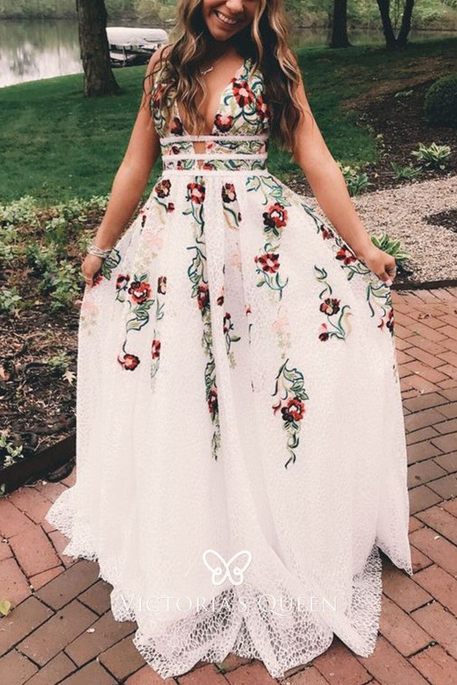 Charming V Neck A Line Prom Dress With Embroidery, Open Back Evening Dress