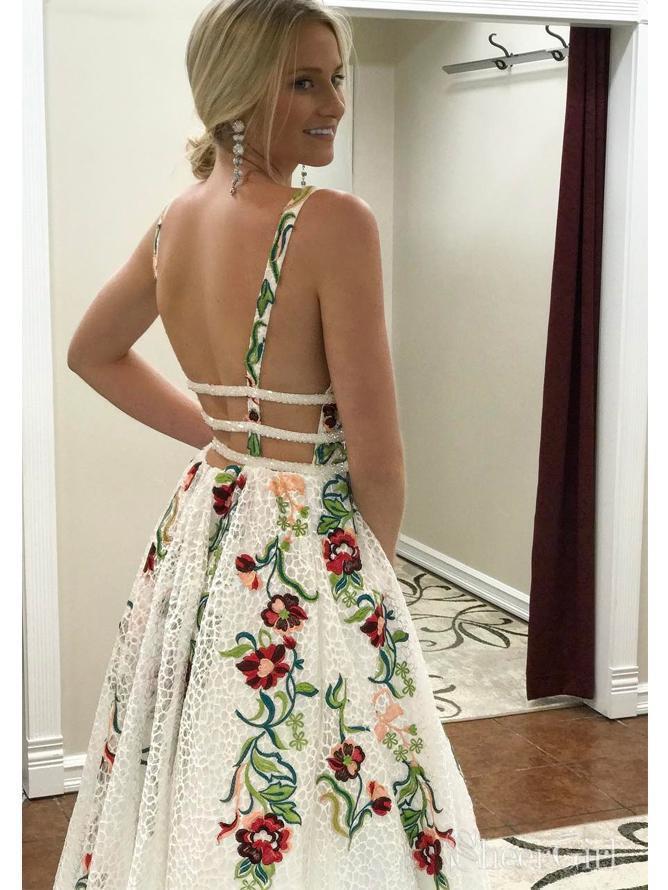 Charming V Neck A Line Prom Dress With Embroidery, Open Back Evening Dress